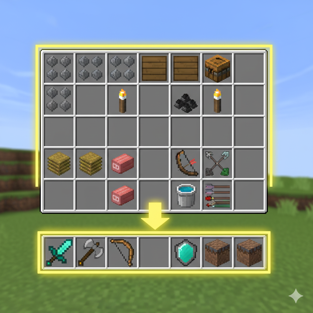 一张清晰展示MinecraftInventory界面的截图或渲染图，重点聚焦在Hotbar和**主存储格（Inventory Slots）**区域。使用箭头或高亮框（例如用发光的黄色边框）来区分Hotbar（9个槽位）和上方的27个槽位。Hotbar内放置着玩家常用的工具（剑、镐、斧、食物等）。图片应具有清晰的UI线条，色彩鲜明，以说明“Inventory Slot”和“Hotbar Slot”的概念，对应文章第一部分。