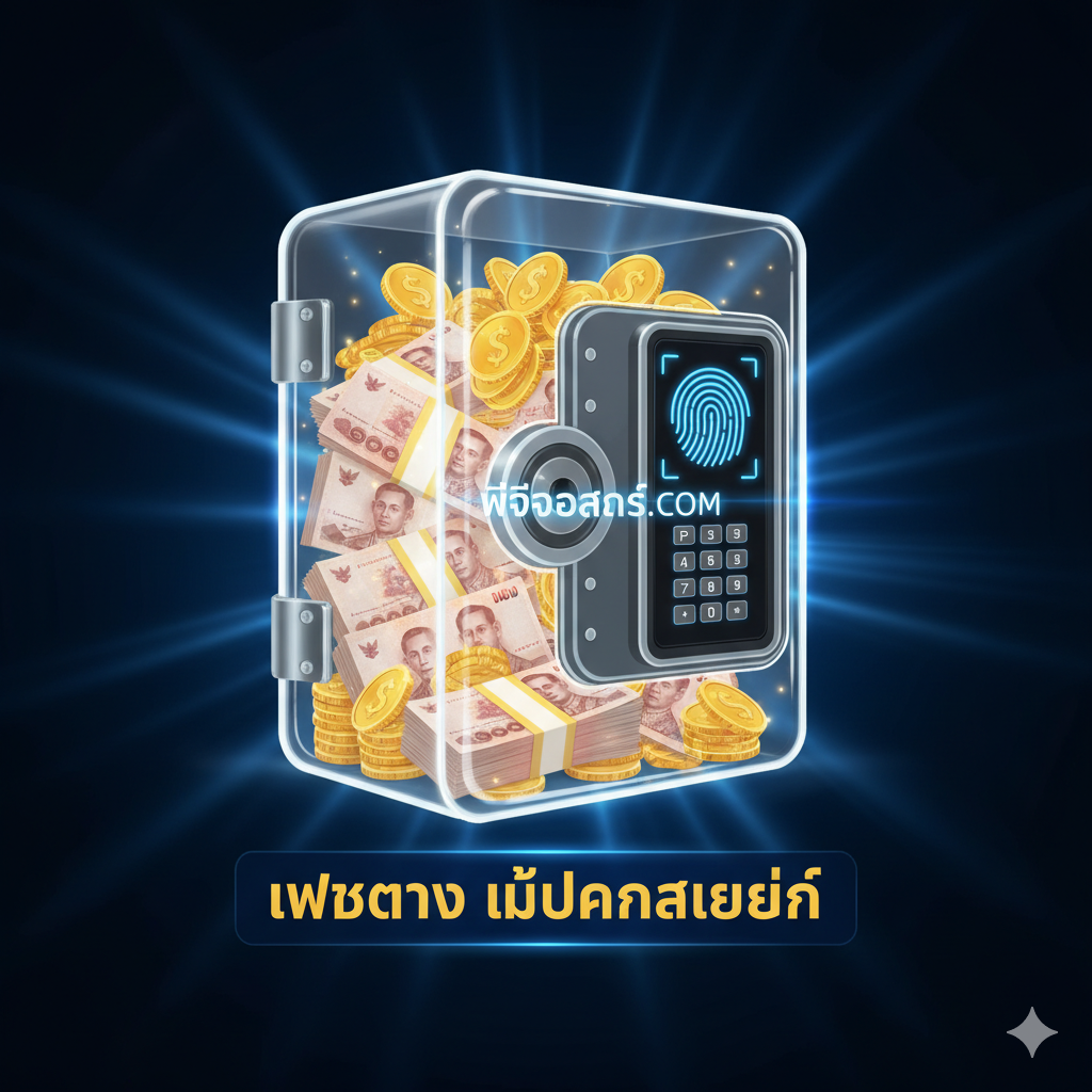ตู้เซฟดิจิทัลที่แข็งแกร่งเต็มไปด้วยเหรียญทองพร้อมโลโก้ PGOSLOT.COM และข้อความ "เว็บตรง ไม่ผ่านเอเย่นต์" เน้นความน่าเชื่อถือและความปลอดภัยทางการเงิน