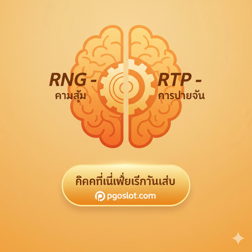 总结图，用于激励用户采取行动。画面将RNG和RTP的概念融合：一个抽象的齿轮或大脑图形，一半标示“RNG - ความสุ่ม” (随机)，另一半标示“RTP - การจ่ายคืน” (支付回报)，两者完美结合。下方是一个醒目的按钮形状元素，写着泰语的“คลิกที่นี่เพื่อเริ่มต้นเล่น” (点击此处开始游戏)，并带有 pgoslot.com 的 logo。整体风格积极向上，色彩温暖且吸引人，比如橙色和金色，传达出“理解科学，玩得更聪明”的信息。
