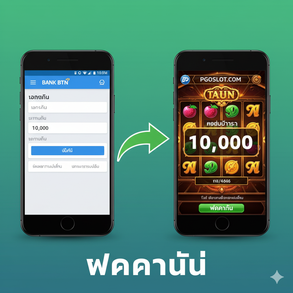 ภาพที่เน้นคุณสมบัติการทำธุรกรรม 'slot deposit bank btn' โดยเฉพาะ ภาพแบ่งออกเป็นสองส่วน ส่วนแรกเป็นหน้าจอโทรศัพท์มือถือที่แสดงแอปพลิเคชัน Bank BTN Mobile Banking กำลังอยู่ในหน้าจอการโอนเงิน และส่วนที่สองเป็นหน้าจอเกมสล็อตออนไลน์ของ pgoslot.com ที่แสดงเครดิตที่เพิ่มขึ้นอย่างรวดเร็ว มีลูกศรสีเขียวขนาดใหญ่พุ่งจากโทรศัพท์ไปยังหน้าจอเกม สื่อถึง 'ความรวดเร็วและราบรื่น' ของการฝากเงิน โทนสีสดใส เน้นสีเขียวและน้ำเงินของธนาคาร และมีข้อความสั้นๆ ว่า 'Instant Deposit' อยู่ด้านล่าง